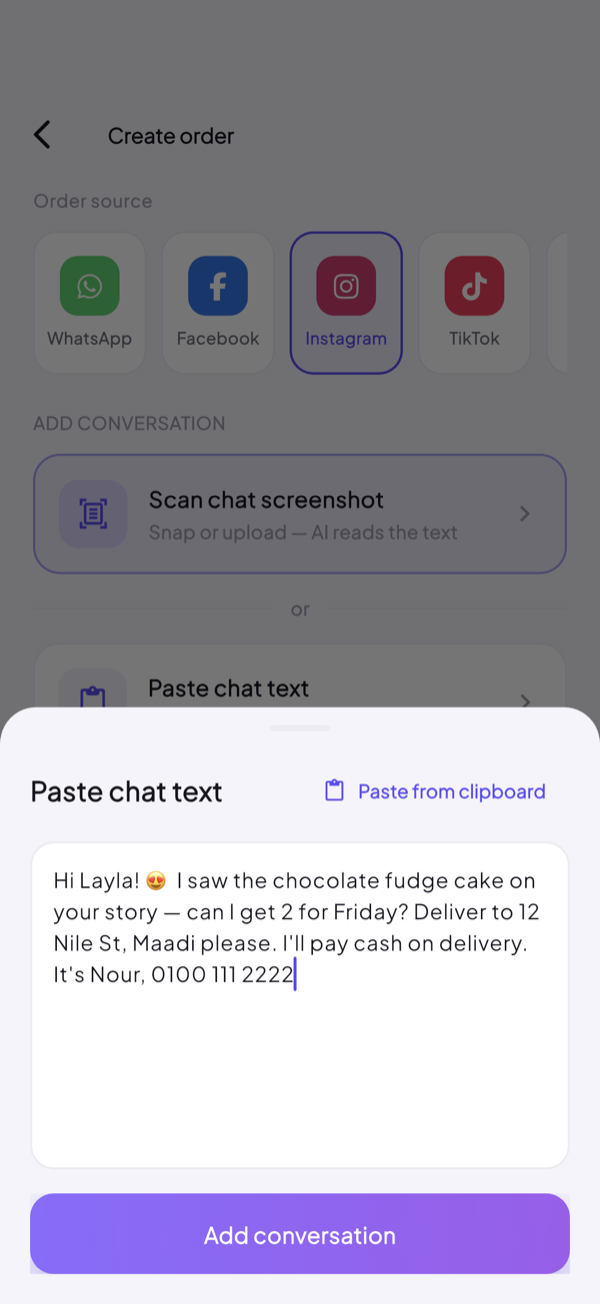 Pasting a customer chat conversation into Ordava to create an order