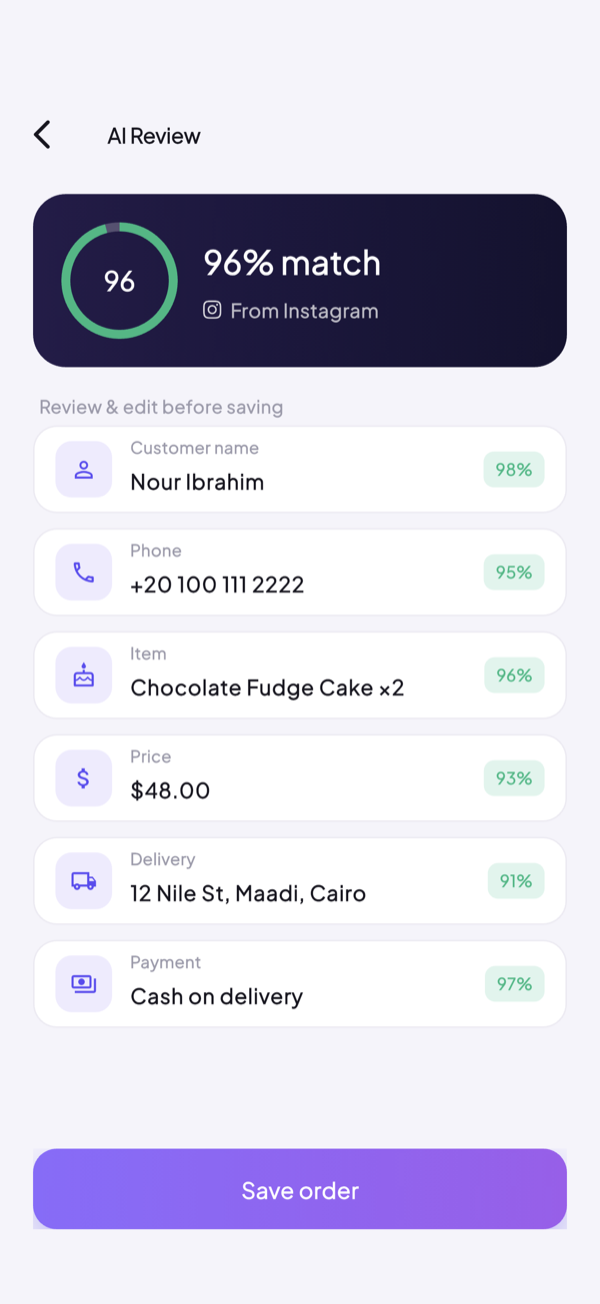 Ordava AI extracting customer, item, price, delivery and payment from a chat at 96% confidence