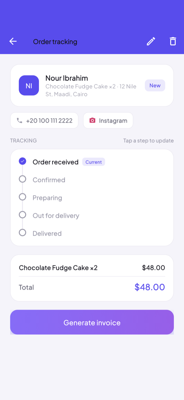 Ordava order detail screen with customer, items, delivery and payment status