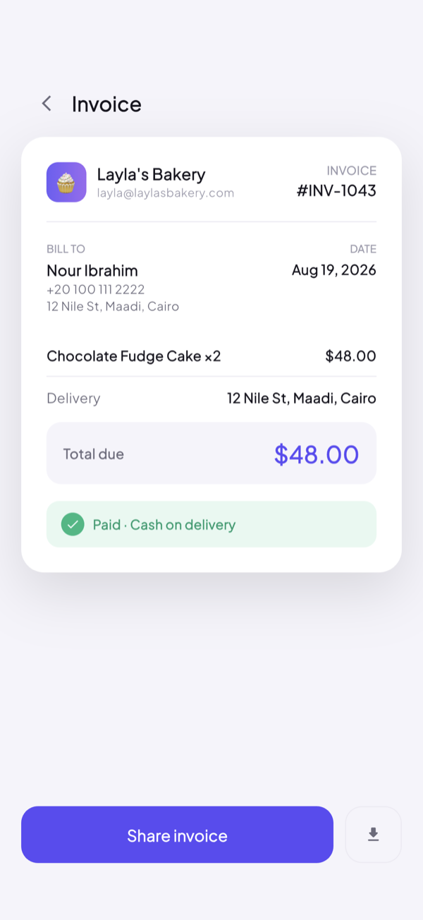 Automatically generated customer invoice inside Ordava